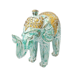 Elefante de madera tallado a mano blanco o aqua y dorado