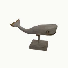 Ballena de madera con pie tallada a mano 30 cm, pintado estilo wash