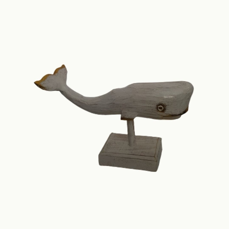 Ballena de madera con pie tallada a mano 30 cm, pintado estilo wash